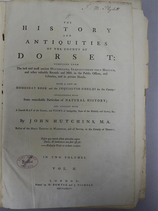 Hutchins, John - The History and Antiquities of the County of Dorset, 1st edition, 2 vols, folio, old calf,